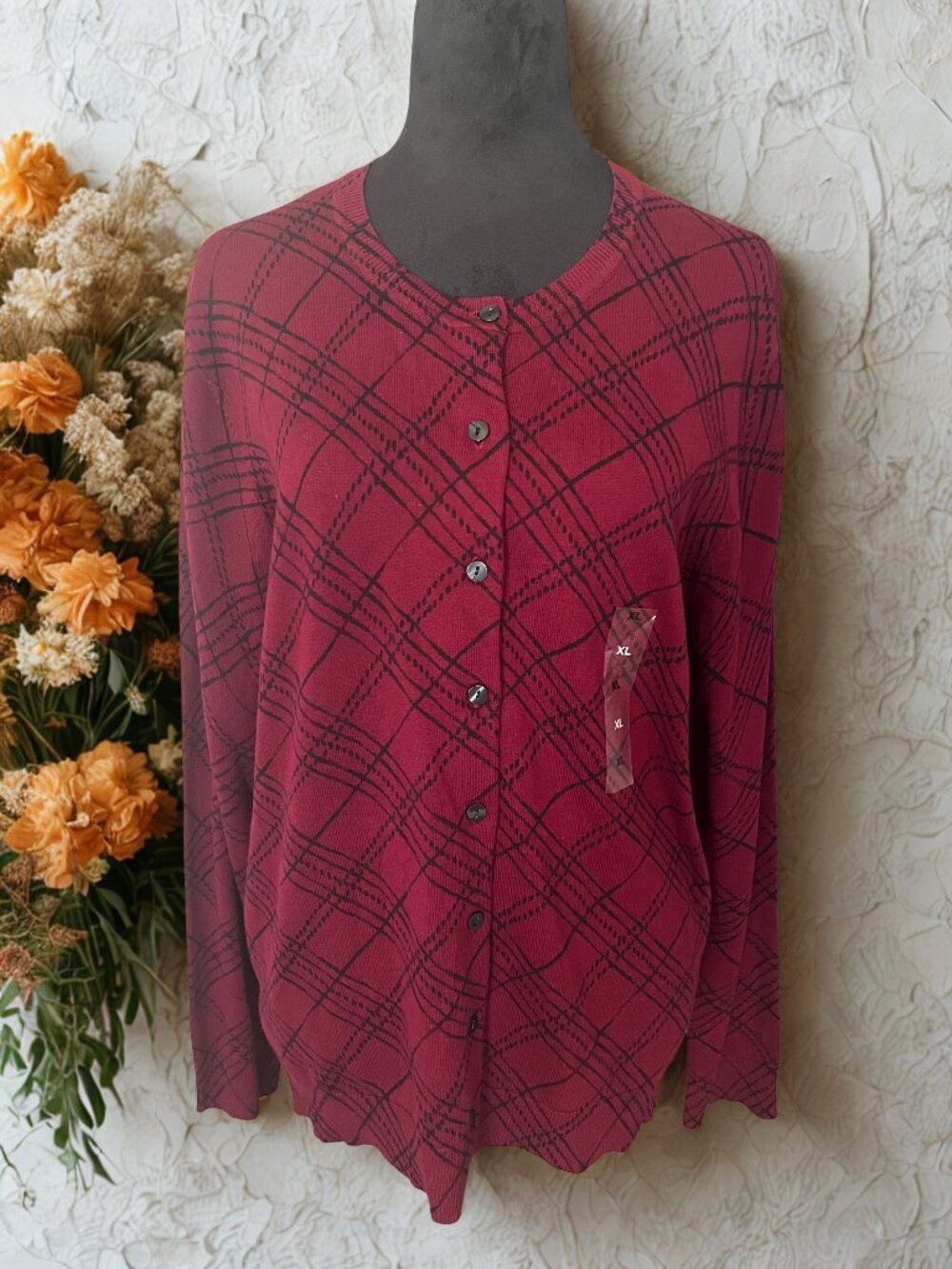 Karen Scott Burgundy and Black Cardigan
